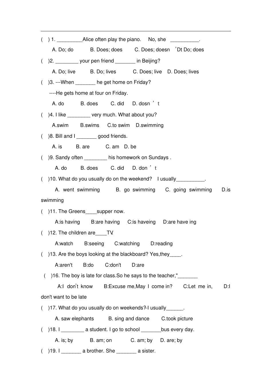 人教版七年级英语下一般现在时和现在进行时练习题_第3页