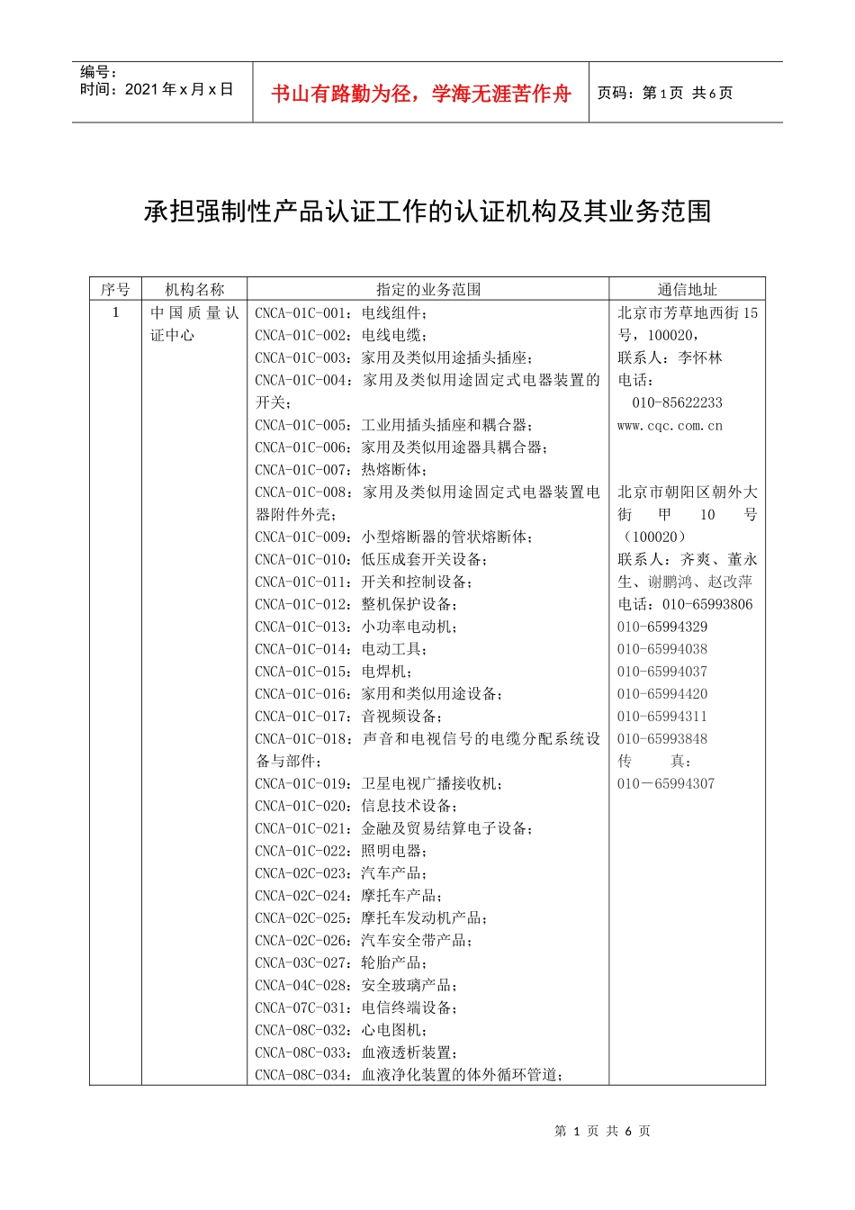 承担强制性产品认证工作的认证机构及其业务范围doc-深圳_第1页