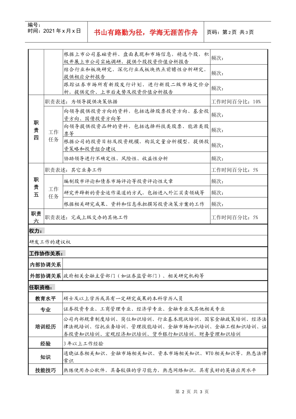 投资公司信托理财部研发专责职务说明书_第2页