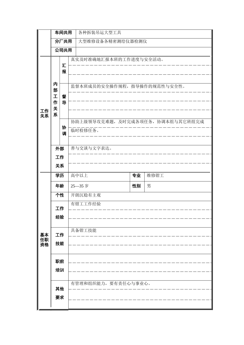 炼钢厂机电车间钳工班长职位说明书_第2页