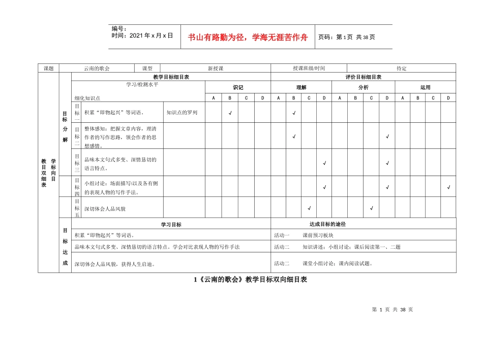 教学目标双向细目表_第1页