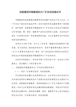 控股重组华锡集团和大厂矿区项目建议书