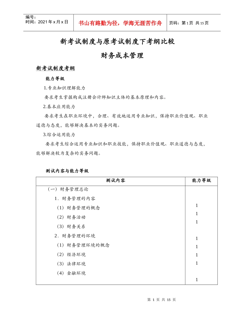 新考试制度与原考试制度下考纲比较——财管_第1页