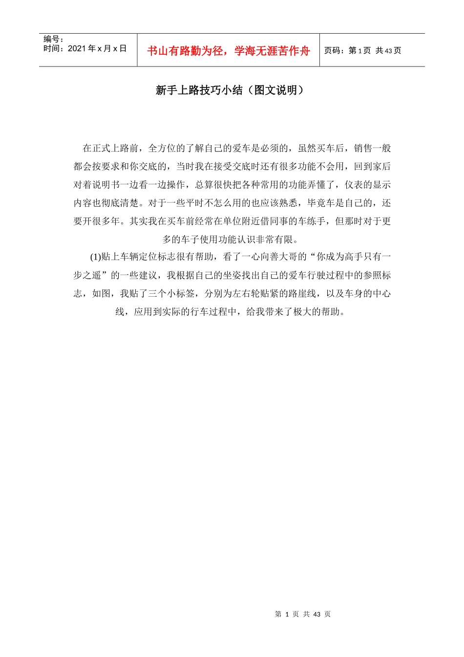 新手上路开车技巧_1分推广普及（DOC41页）_第1页