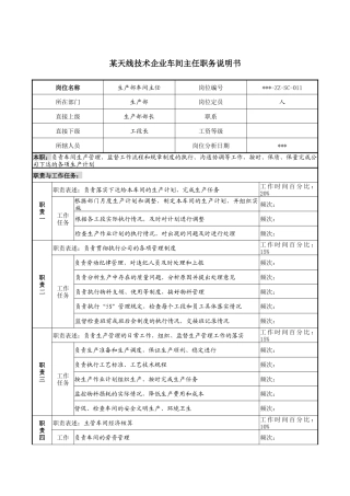 天线技术企业车间主任职务说明书