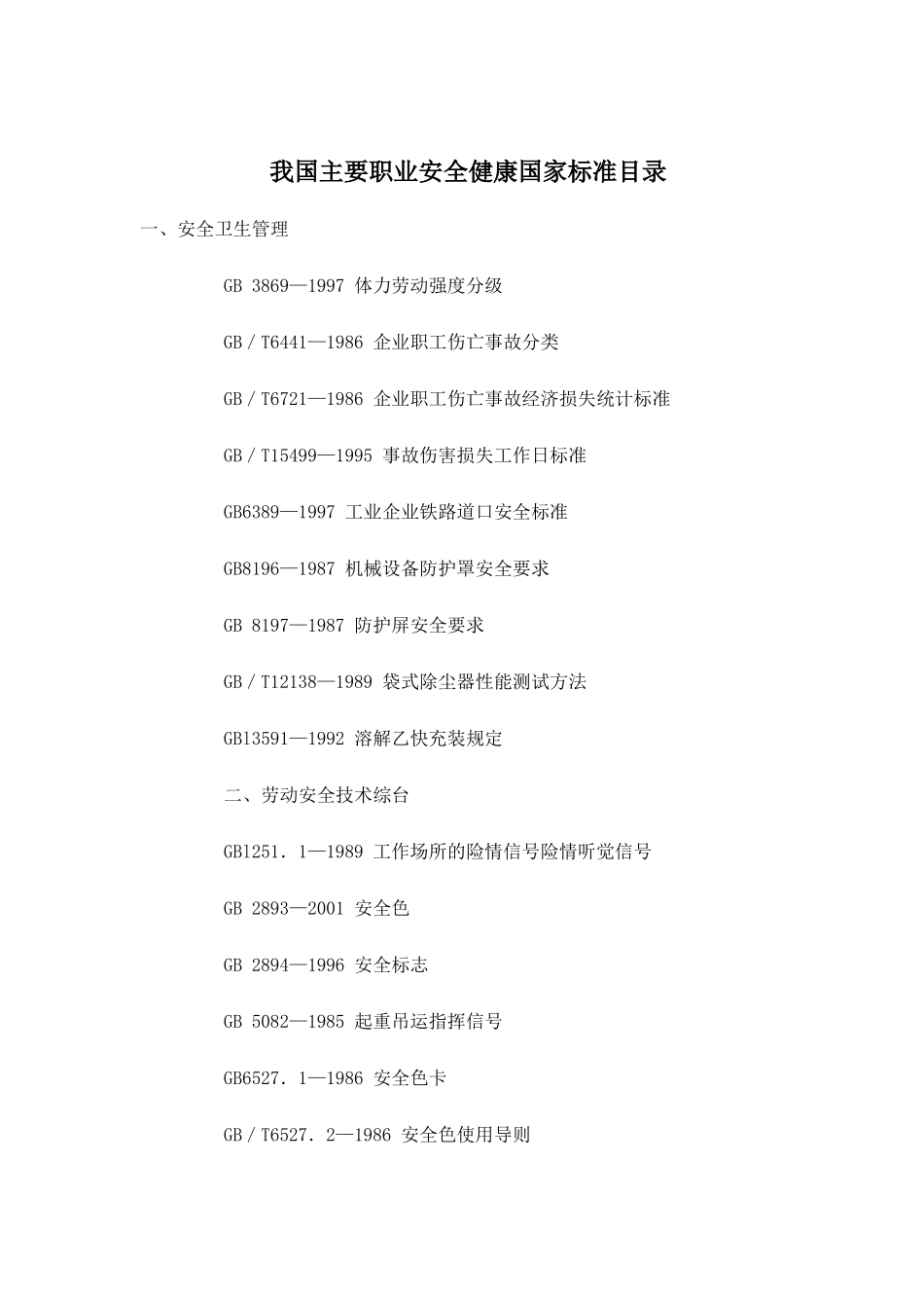 我国主要职业安全健康国家标准目录(1)_第1页