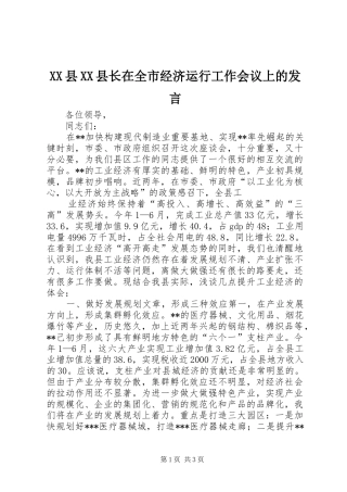 XX县XX县长在全市经济运行工作会议上的发言稿