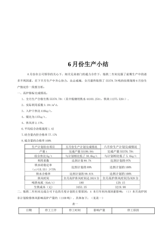 炼铁车间月份生产小结