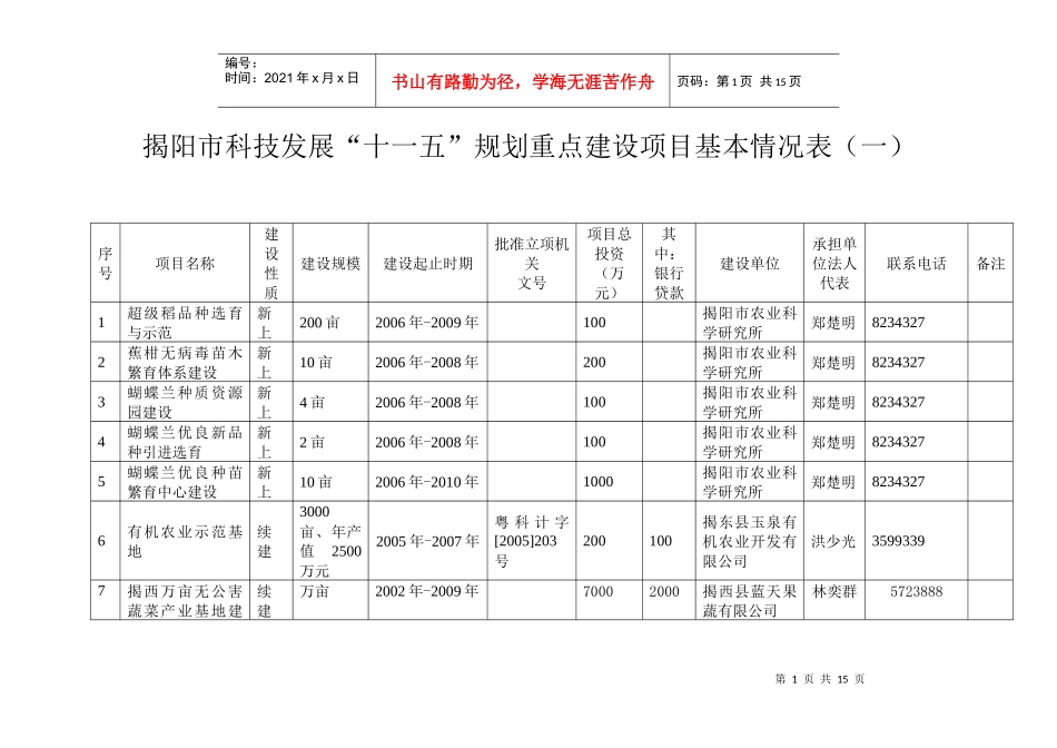 揭阳市科技发展“十一五”规划重点建设项目表_第1页