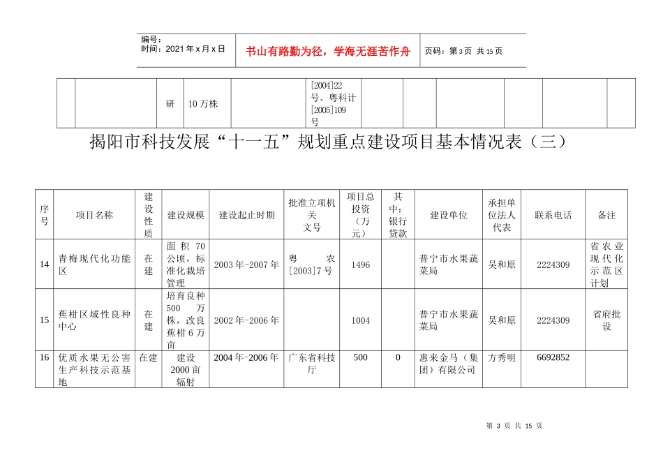 揭阳市科技发展“十一五”规划重点建设项目表_第3页