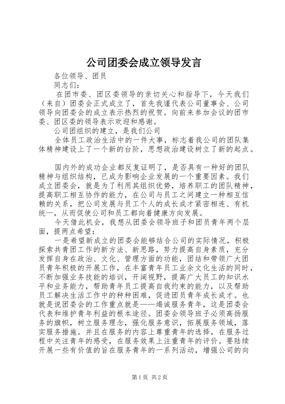 公司团委会成立领导发言稿 (3)_第1页