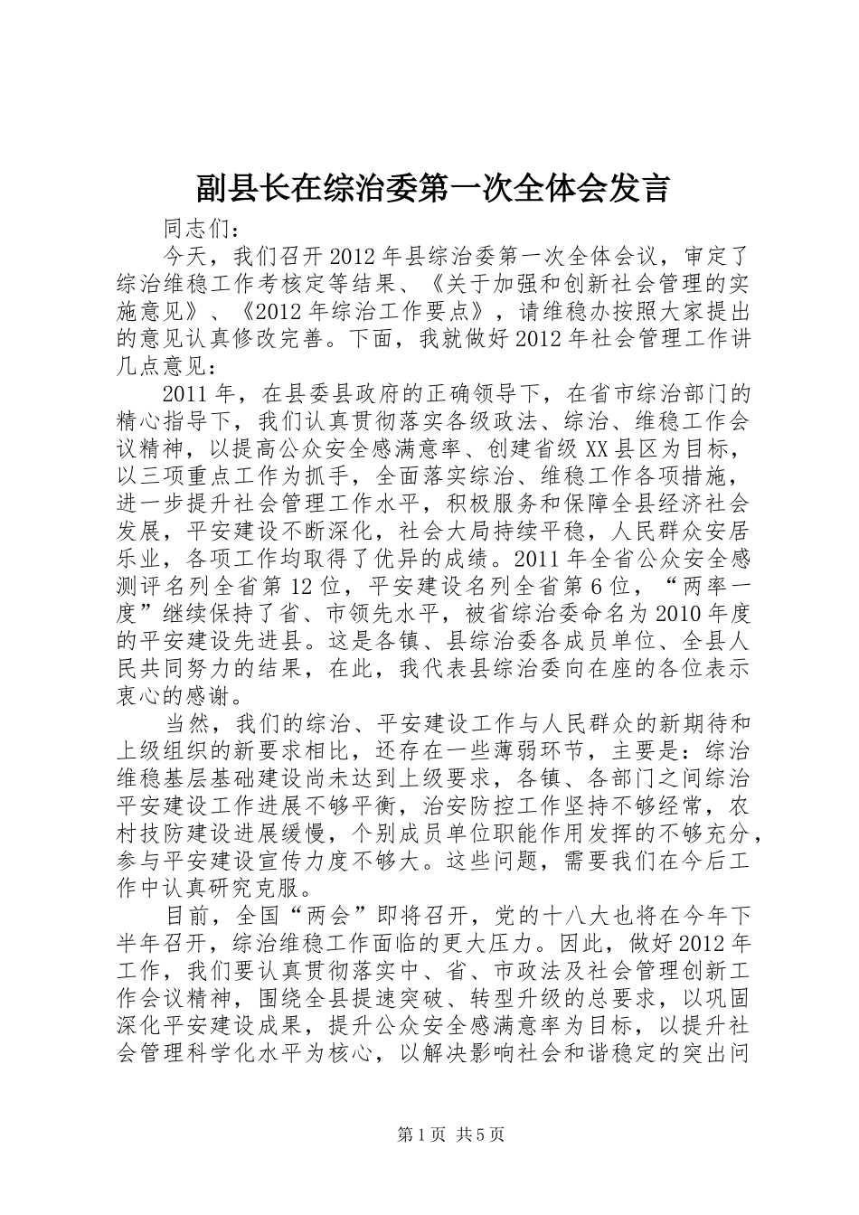 副县长在综治委第一次全体会发言稿_第1页