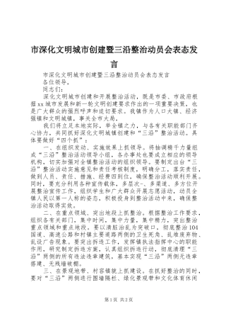市深化文明城市创建暨三沿整治动员会表态发言稿 (2)