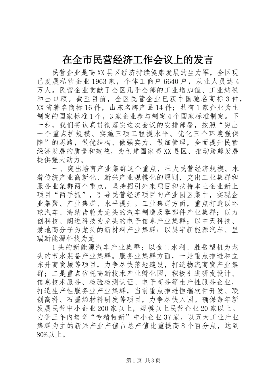 在全市民营经济工作会议上的发言稿 (2)_第1页
