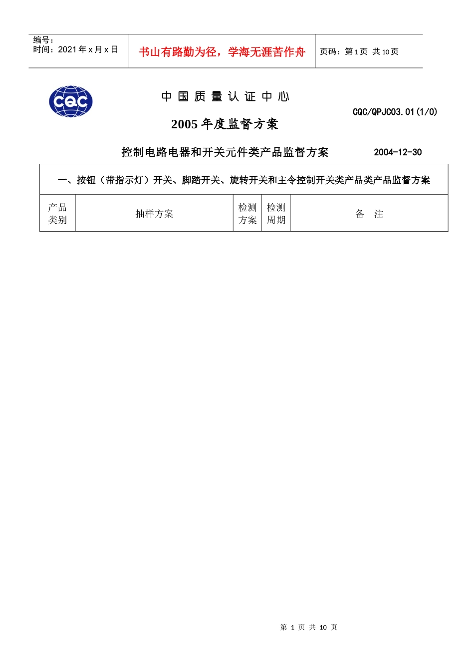 控制电路电器和开关元件类产品监督方案(DOC8)(1)_第1页