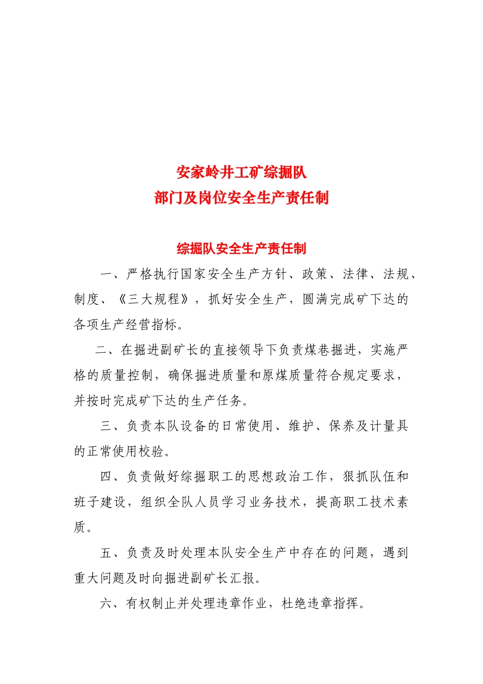 综掘队部门及岗位安全生产责制度_第1页