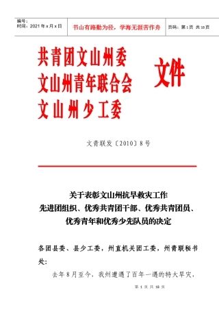 文山州抗旱救灾工作先进团组织