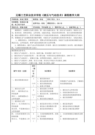 无锡工艺职业技术学院《液压与气动技术》课程教学大纲