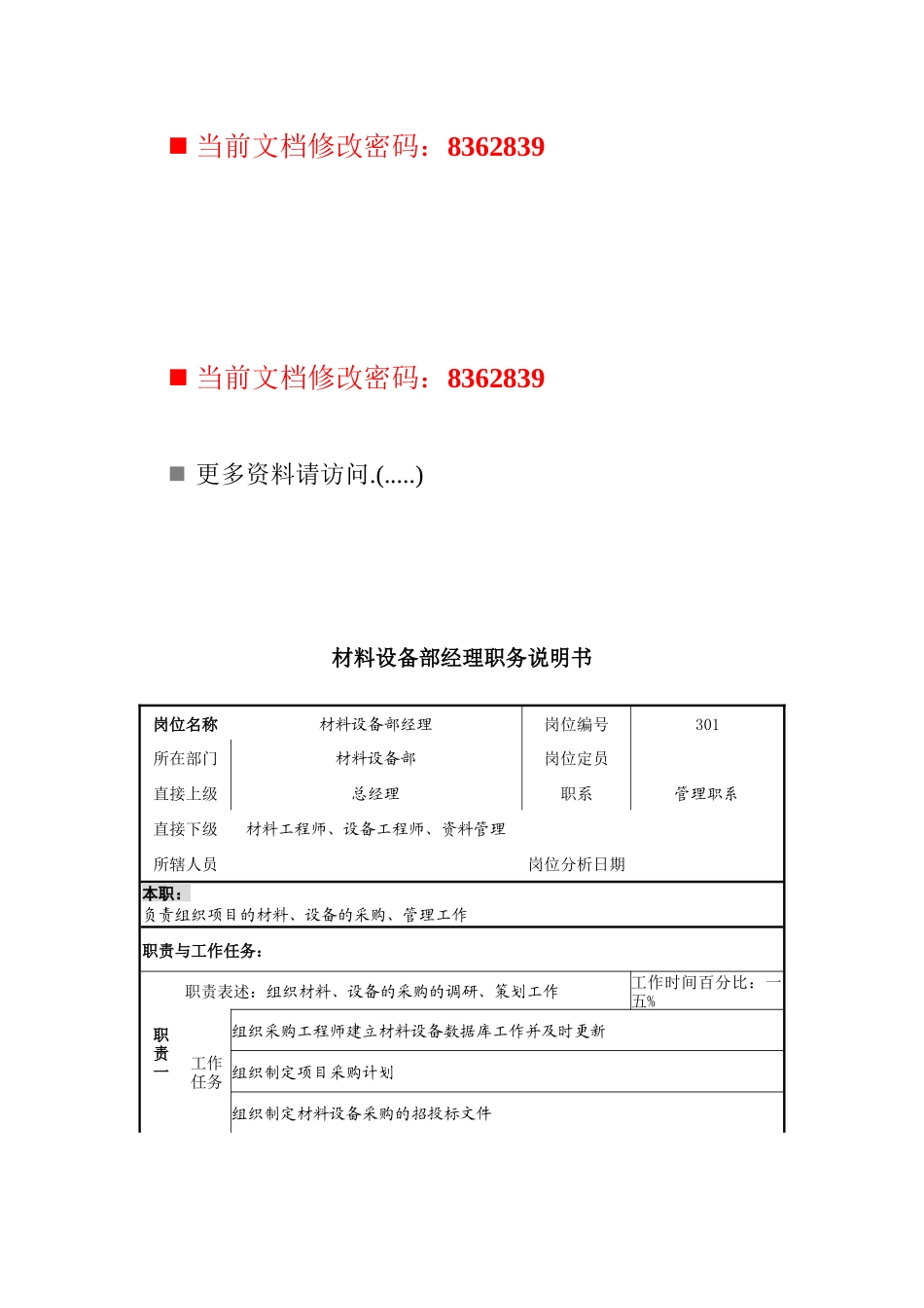 材料设备部经理岗位说明书_第1页
