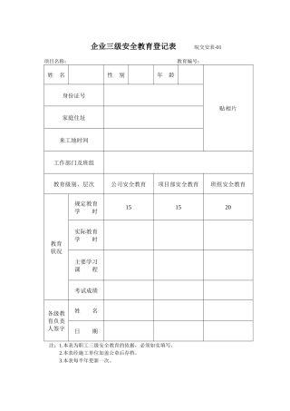 安全生产用表表格样式