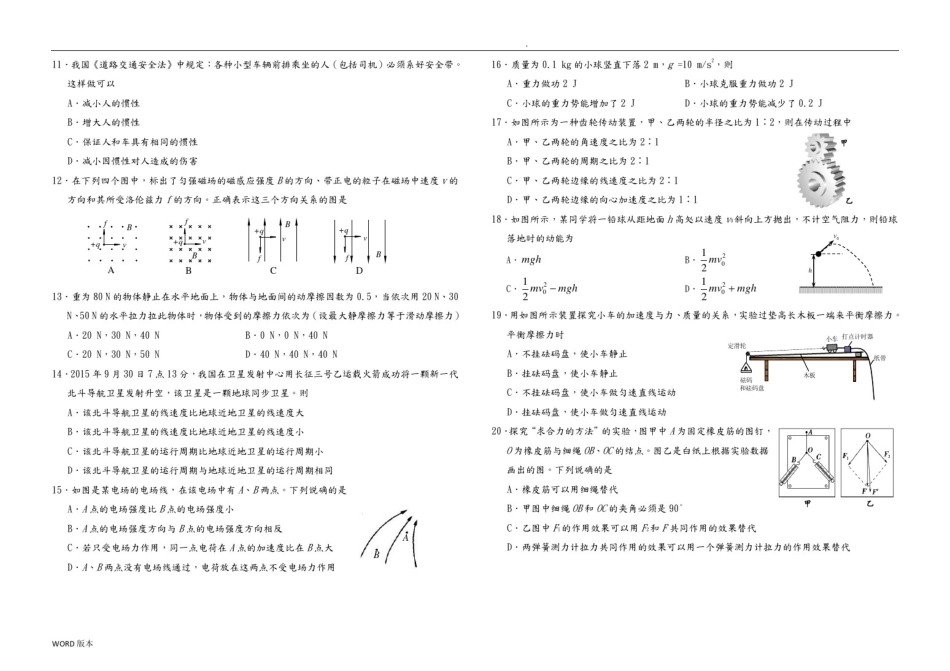 2016天津市普通高中学业水平考试物理试卷(含答案)_第2页