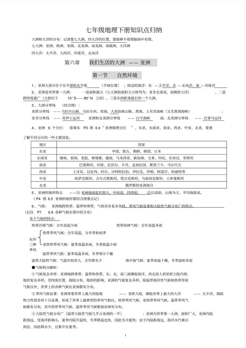 人教版七年级地理下册知识点归纳_第1页