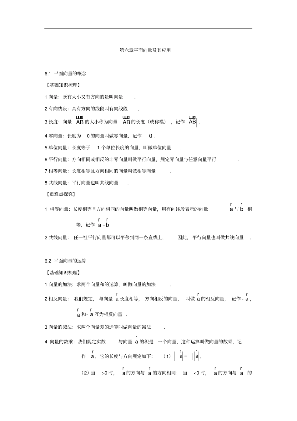 人教版(2019)第六章高一数学期末考试知识清单--第六章平面向量及其应用_第1页