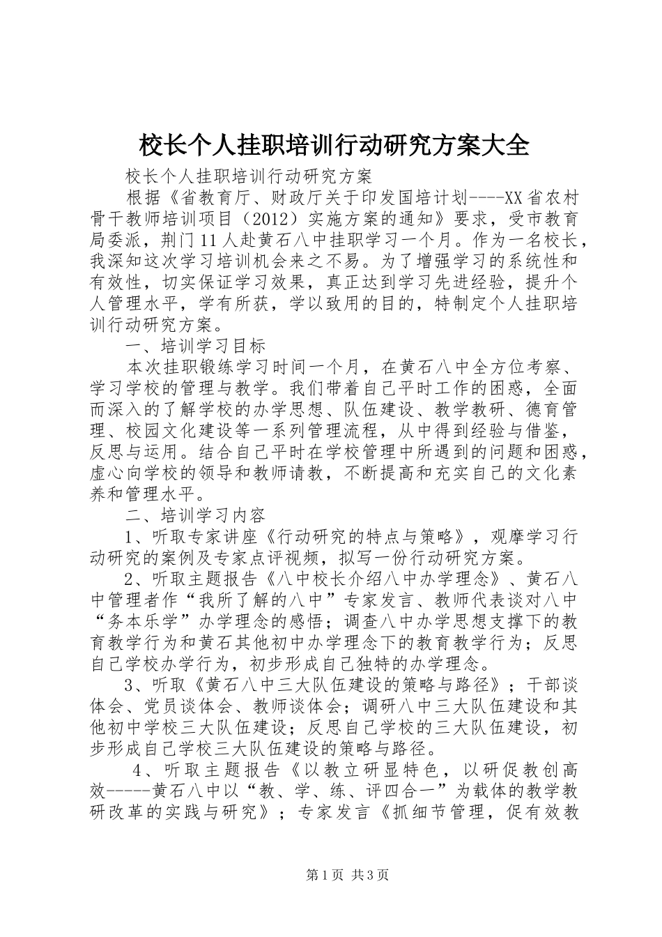 校长个人挂职培训行动研究实施方案大全_第1页
