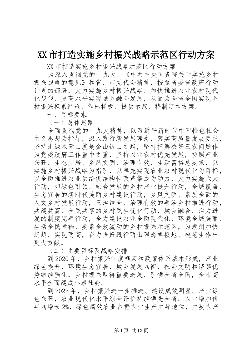 XX市打造实施乡村振兴战略示范区行动方案_第1页
