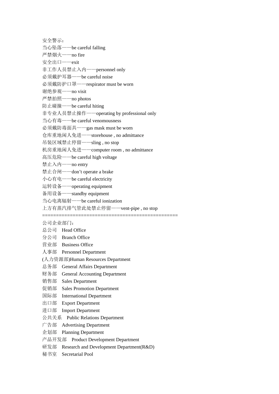 安全警示英文大全_第1页