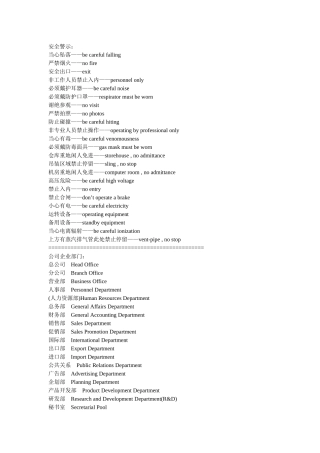 安全警示英文大全