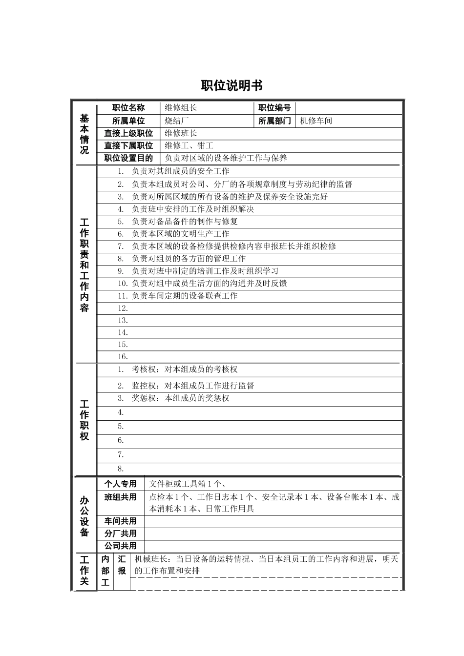 烧结厂维修组长岗位说明书_第1页