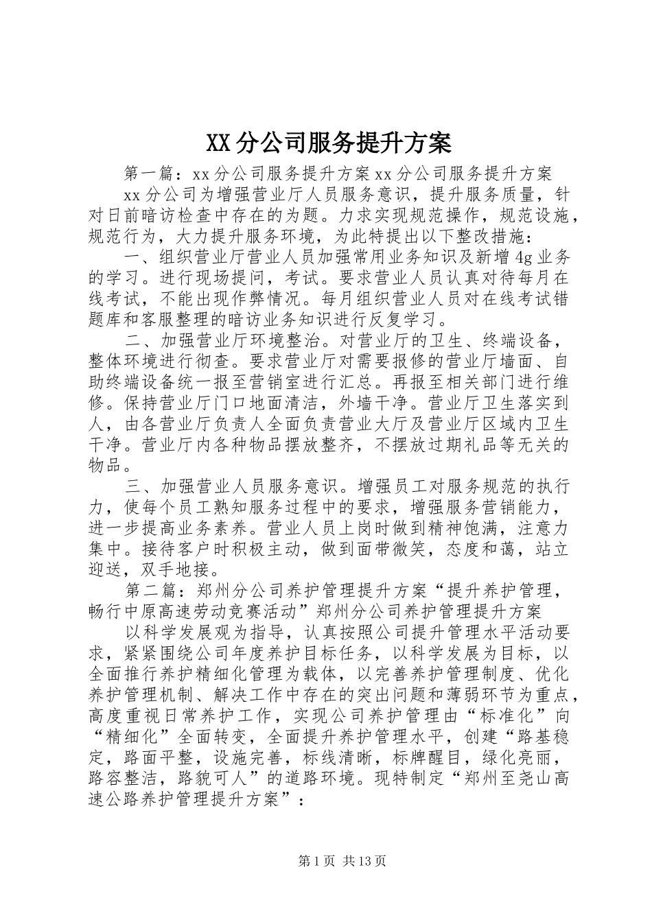XX分公司服务提升实施方案_第1页