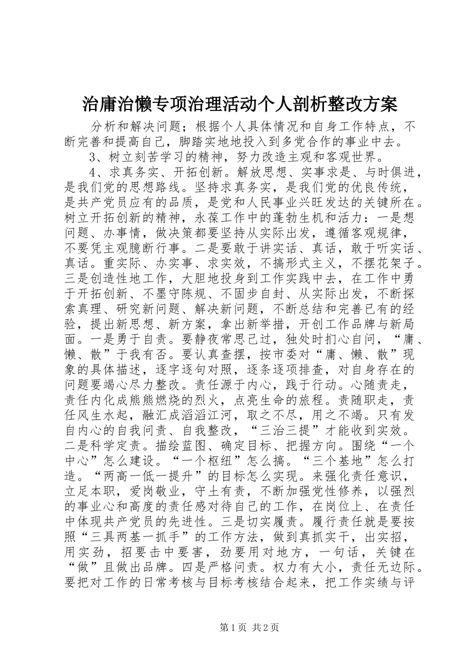 治庸治懒专项治理活动个人剖析整改实施方案_第1页