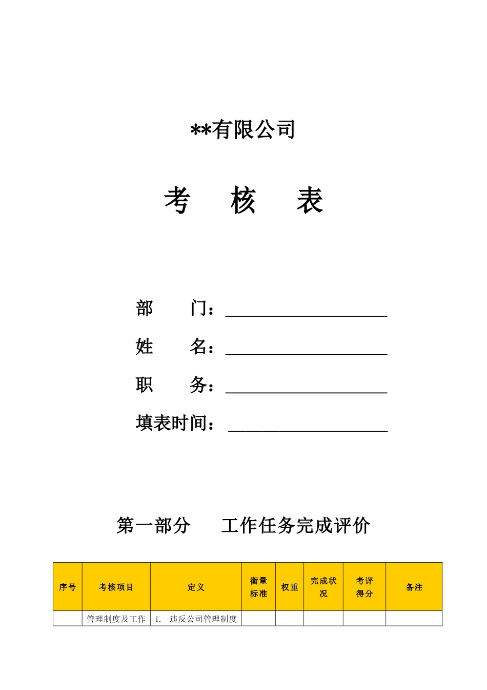 某生产企业生产部经理助理绩效考核表_第1页