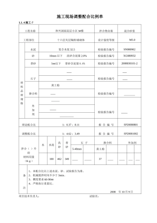 施工现场调整配合比例单