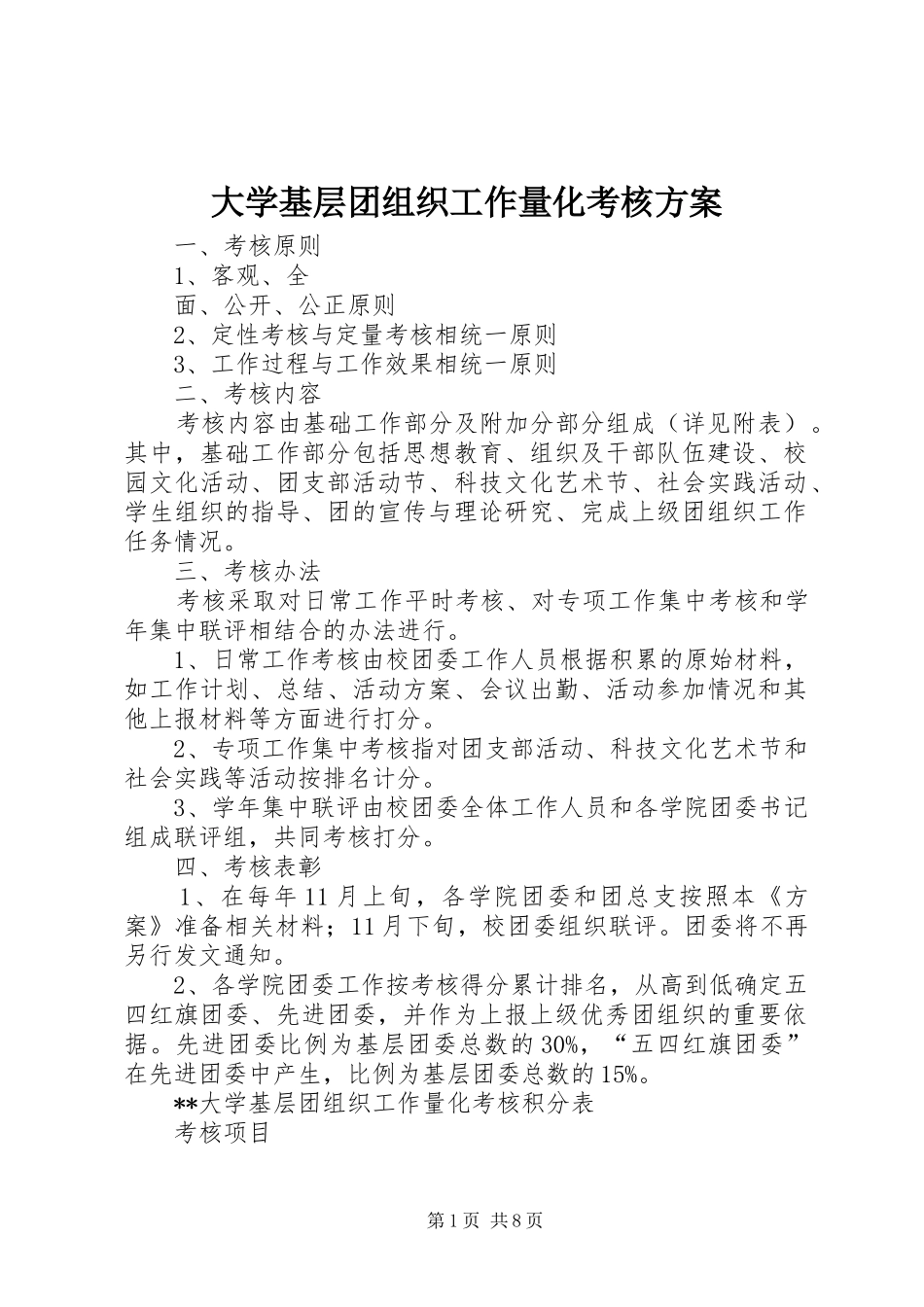 大学基层团组织工作量化考核实施方案_第1页
