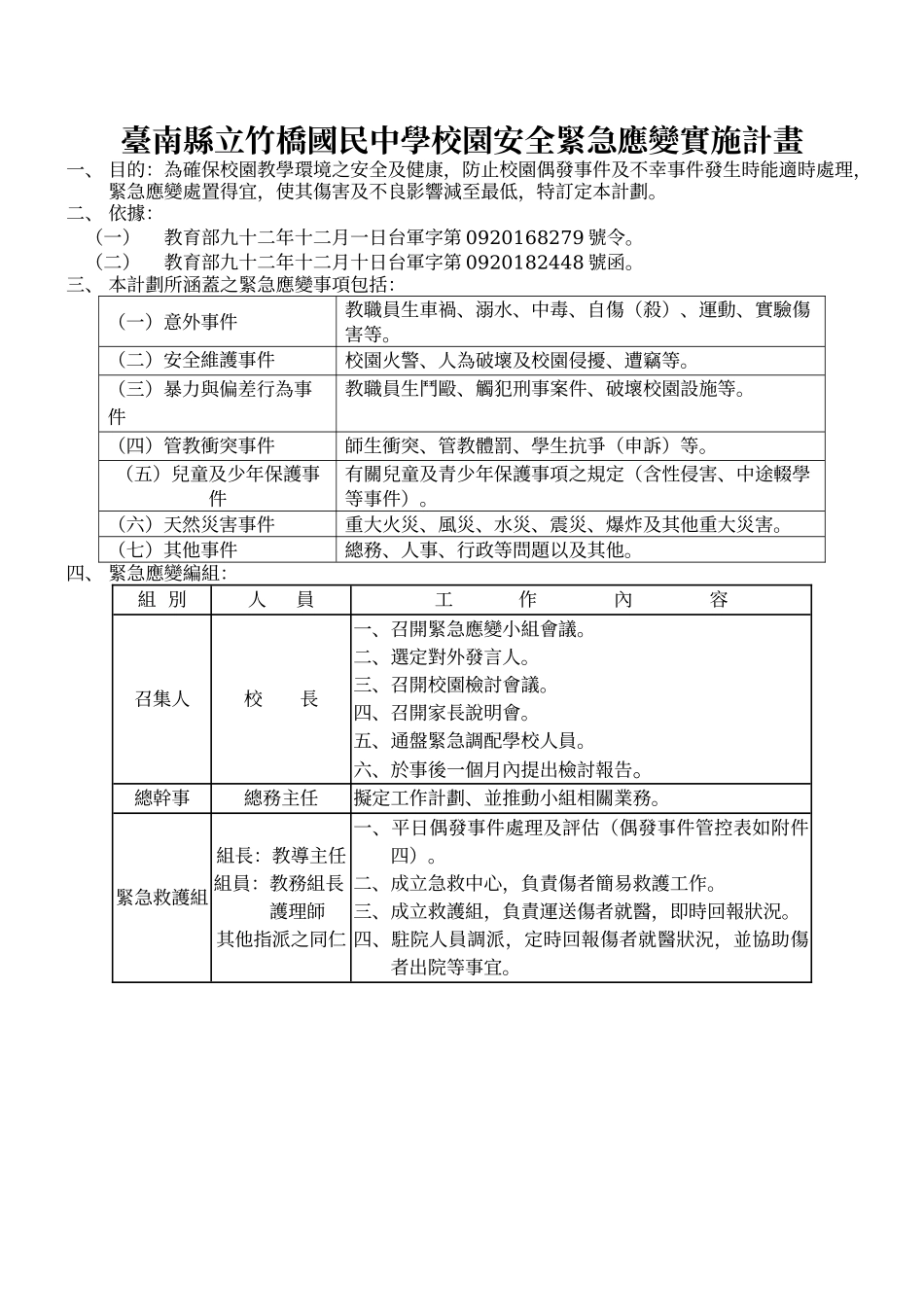 台南县立竹桥国民中学校园安全紧急应变实施计画_第1页