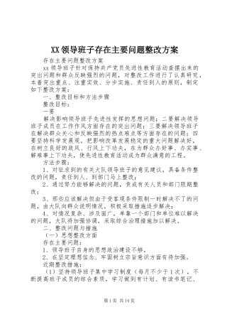 XX领导班子存在主要问题整改实施方案