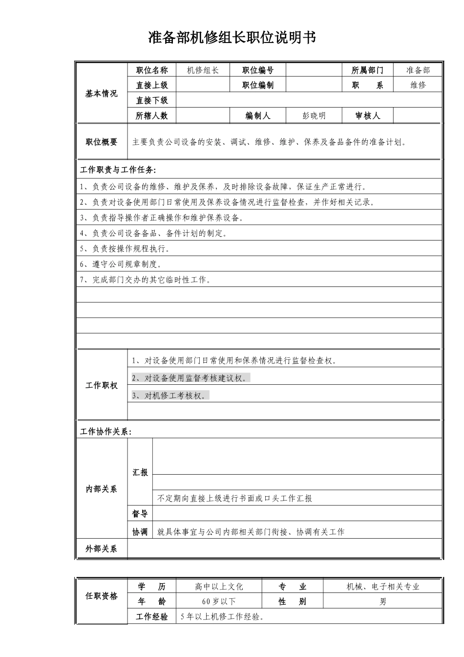 准备部机修组长职位说明书_第1页