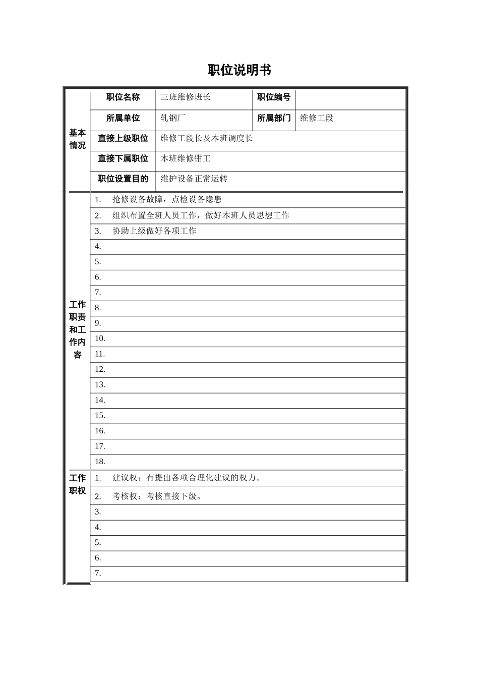 轧钢厂设备动力科三班维修班长职位说明书_第1页