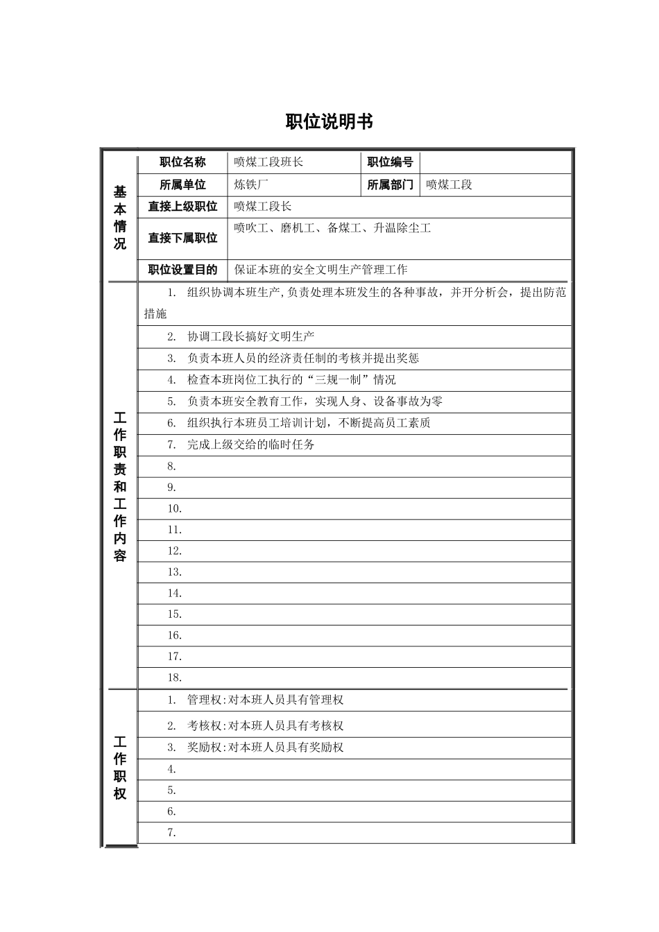 喷煤工段班长岗位说明书_第1页
