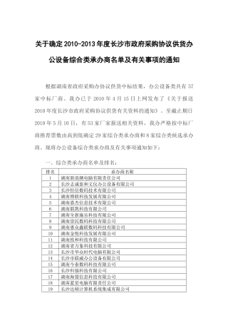 关于确定XXXX年度长沙市政府采购协议供货办公设备类承办商名