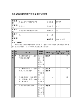 办公设备与网络维护技术员职位说明书及关键绩效标准