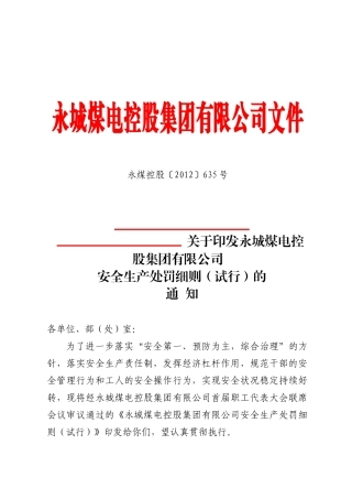 永城煤电控股集团有限公司安全生产处罚细则的通知》