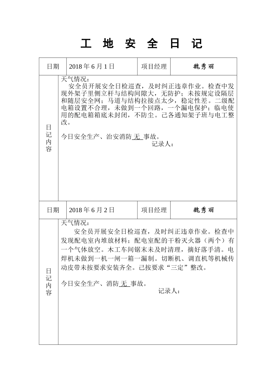 工地安全日记-范例(46页)_第1页