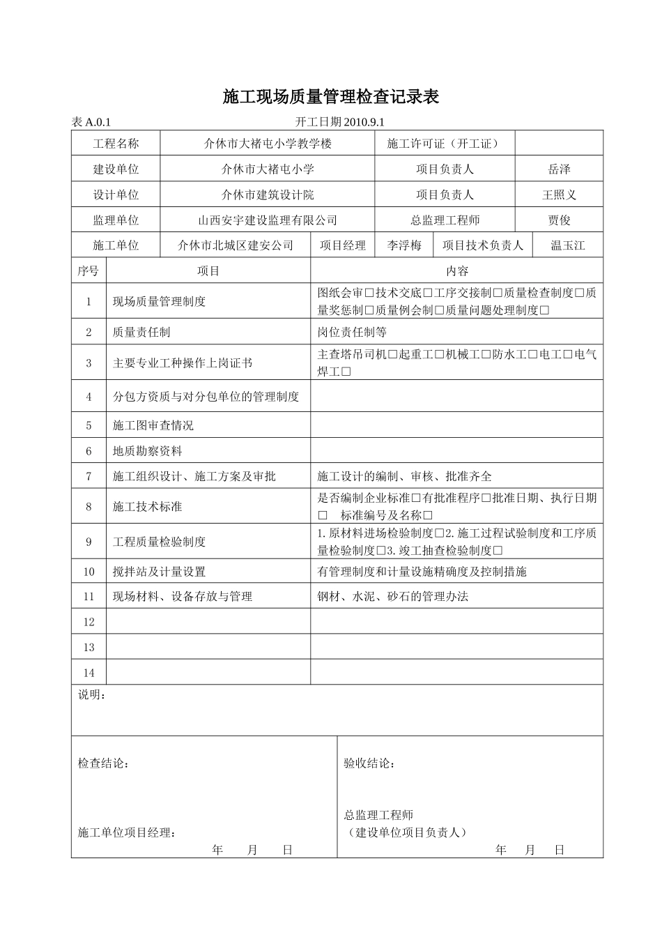 施工现场质量管理检查记录1_第1页