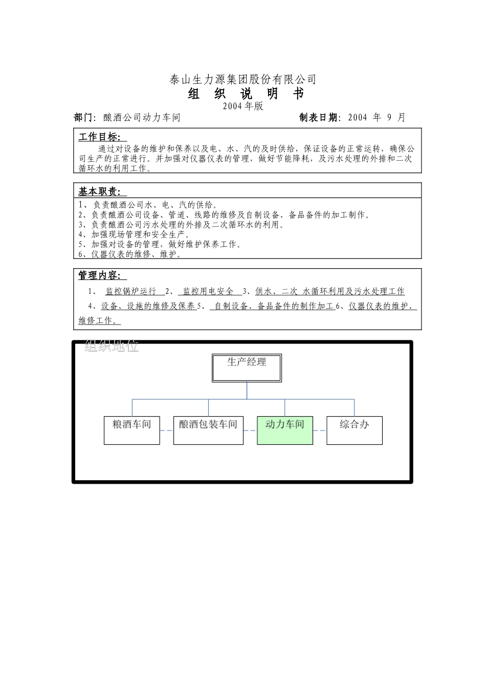 泰山生力源集团股份有限公司动力车间组织说明书_第1页