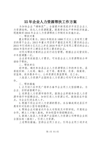 XX年企业人力资源帮扶工作实施方案