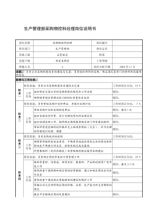 制鞋企业生产管理部采购物控科经理岗位说明书